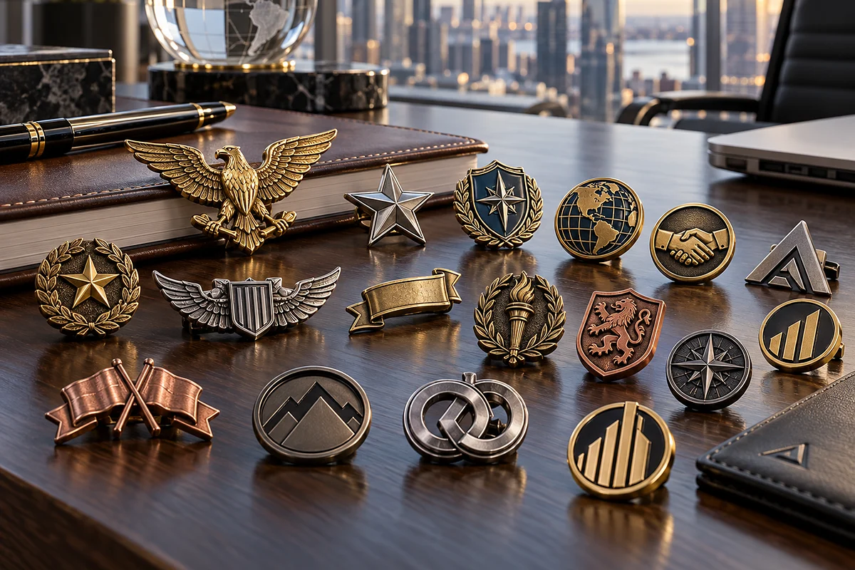Custom 3D die-cast lapel pins in antique gold, silver and copper on an executive desk