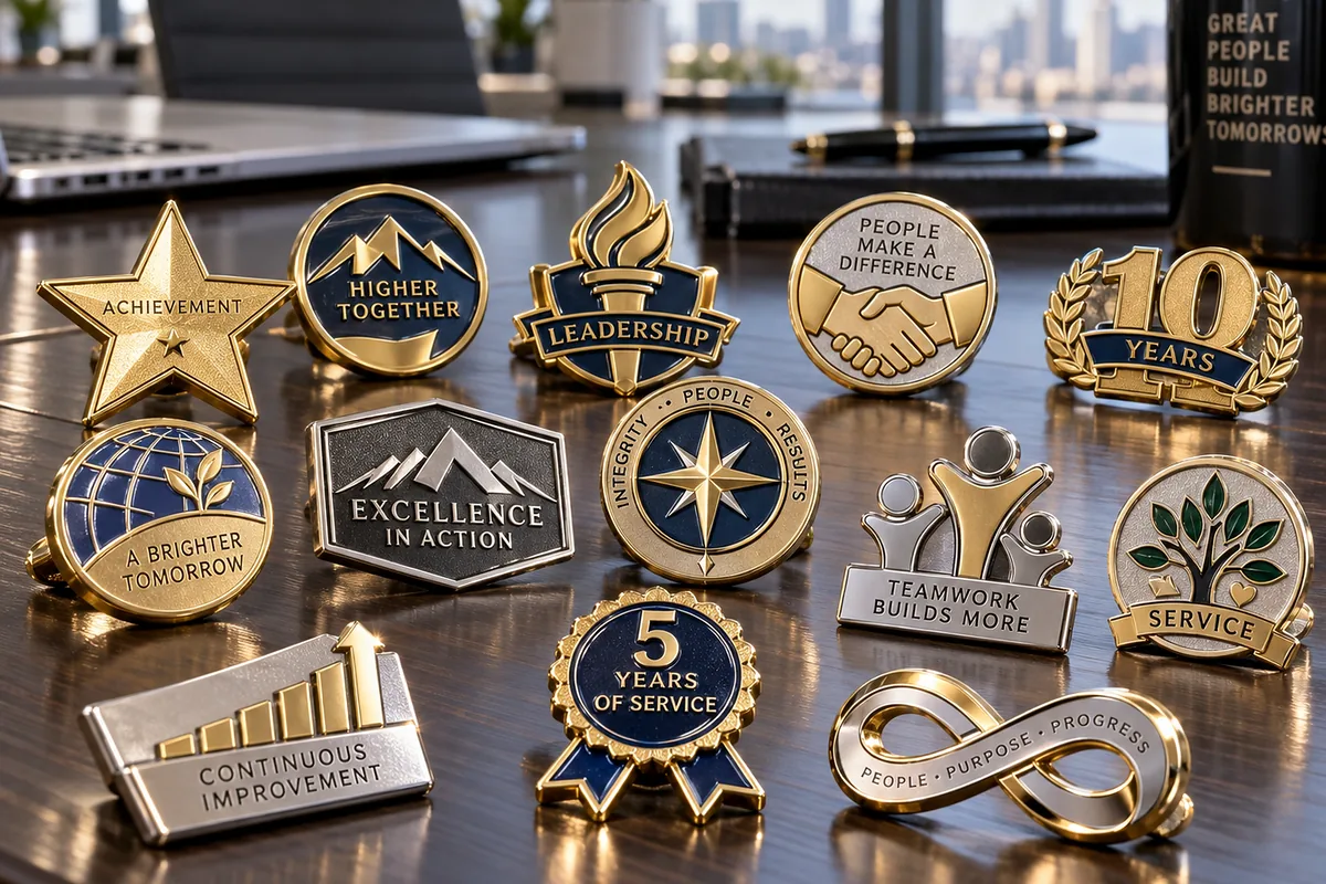 Gold die-struck recognition and years-of-service lapel pins on an executive desk