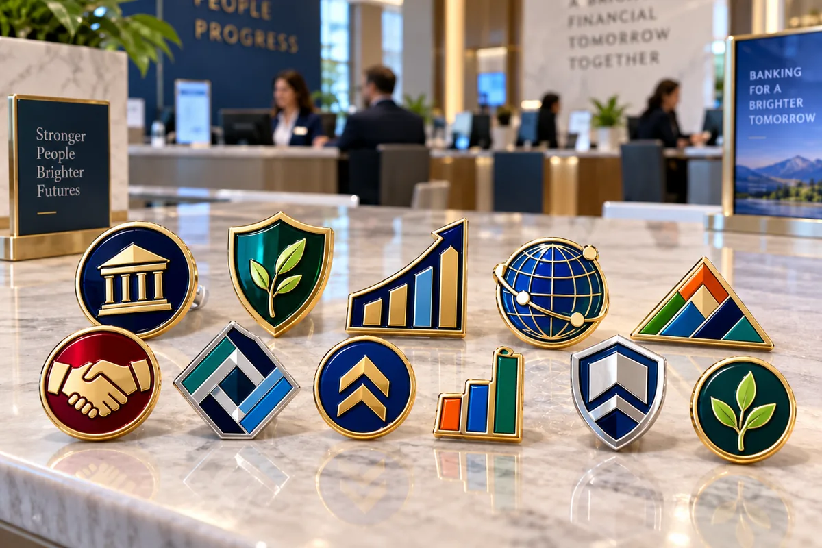 Eleven hard enamel finance and banking pins, including a bank building, shield, growth chart, globe and handshake, on a marble bank counter