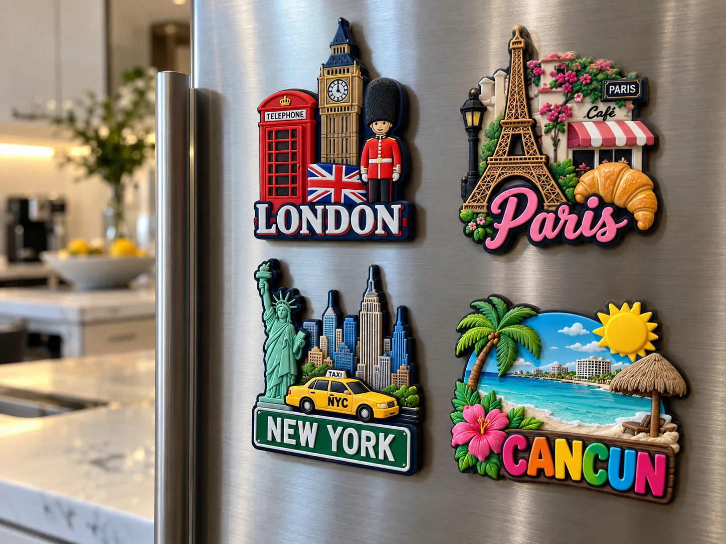 Custom souvenir fridge magnets of London, Paris, New York and Cancún on a stainless steel refrigerator