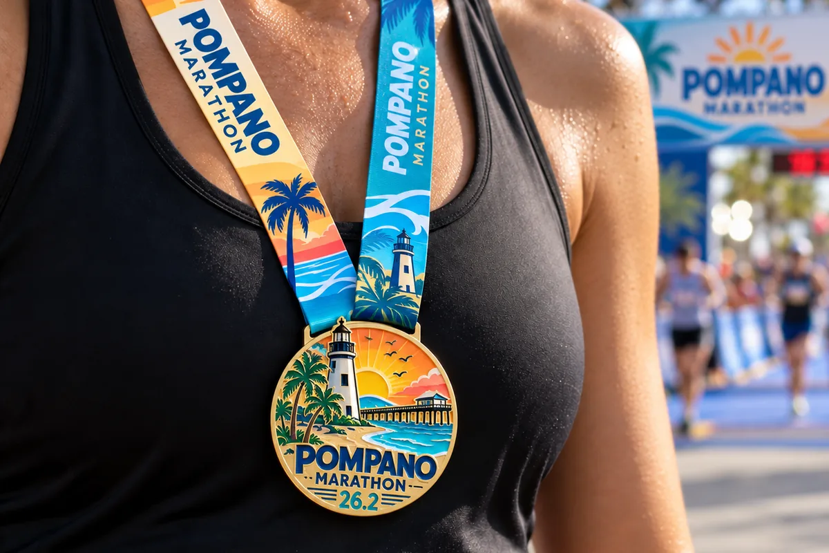 Runner at the finish wearing a gold Pompano Marathon 26.2 medal with a lighthouse, palm trees and pier, on a beach-themed lanyard, finish-line arch behind