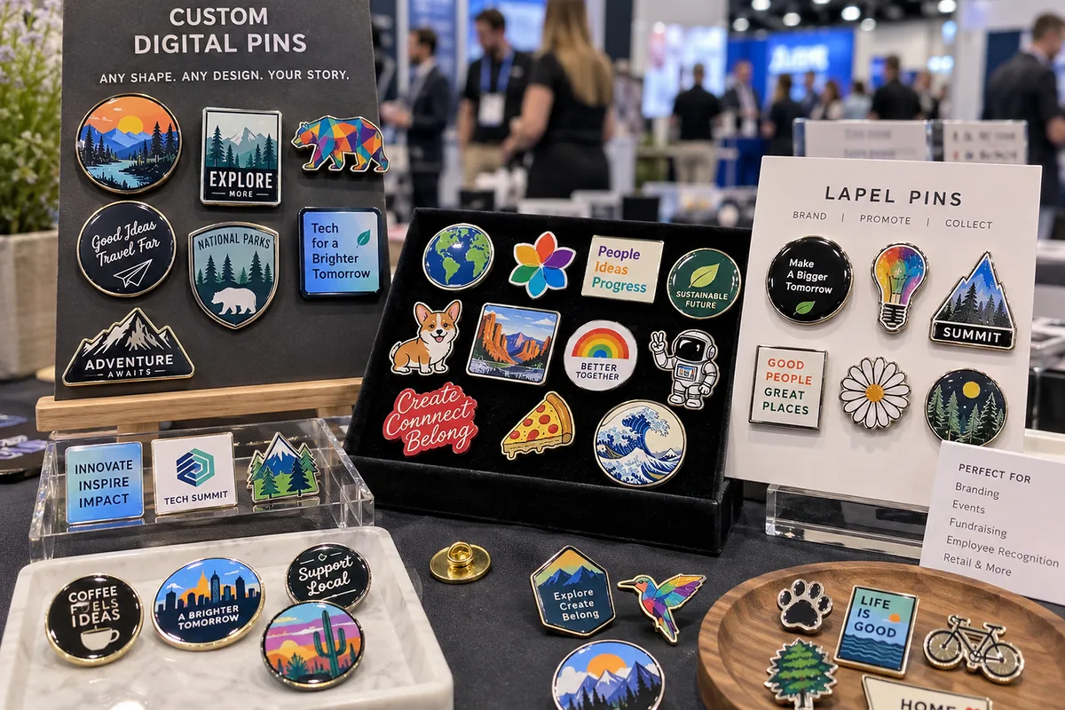 Custom digital printed pins and lapel pins displayed at a trade show booth