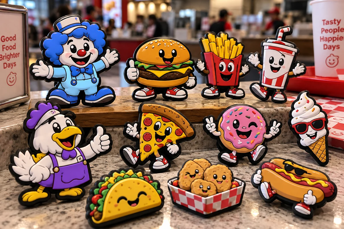Colorful soft PVC mascot pins shaped like fast-food characters, including a clown, burger, fries, drink, chicken, pizza slice, donut, ice cream cone, taco, nuggets and hot dog, displayed on a restaurant counter