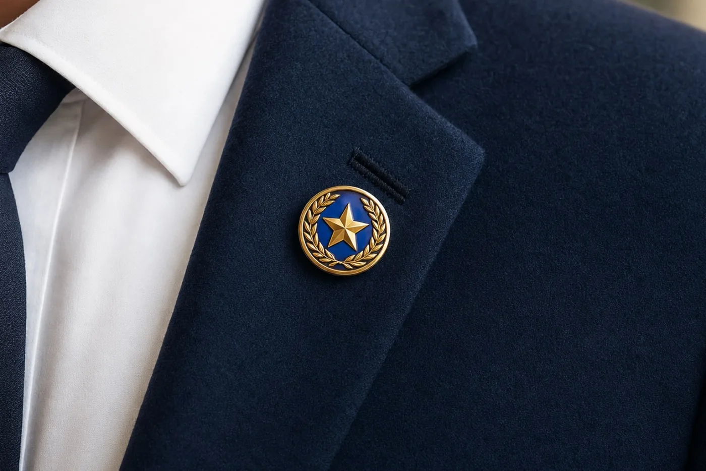 Pin de reconocimiento redondo y dorado con una estrella y una corona de laurel en relieve sobre esmalte azul, en la solapa de un saco azul marino.