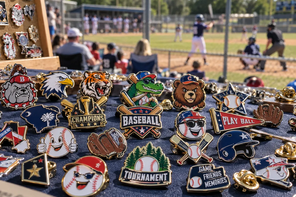 Colorful soft enamel baseball pins with team mascots and Champions, Baseball and Tournament designs on a table at a ballgame