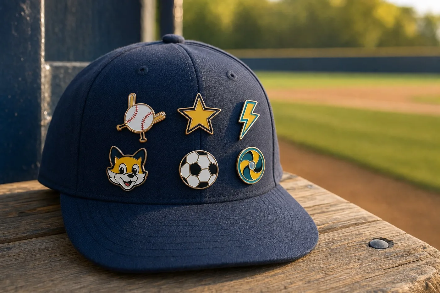 Gorra de béisbol azul marino sobre una banca de madera del dugout, con seis pins coleccionables de esmalte de colores: una pelota de béisbol con bates, una estrella, un rayo, una mascota de zorro, un balón de fútbol y un pin giratorio.