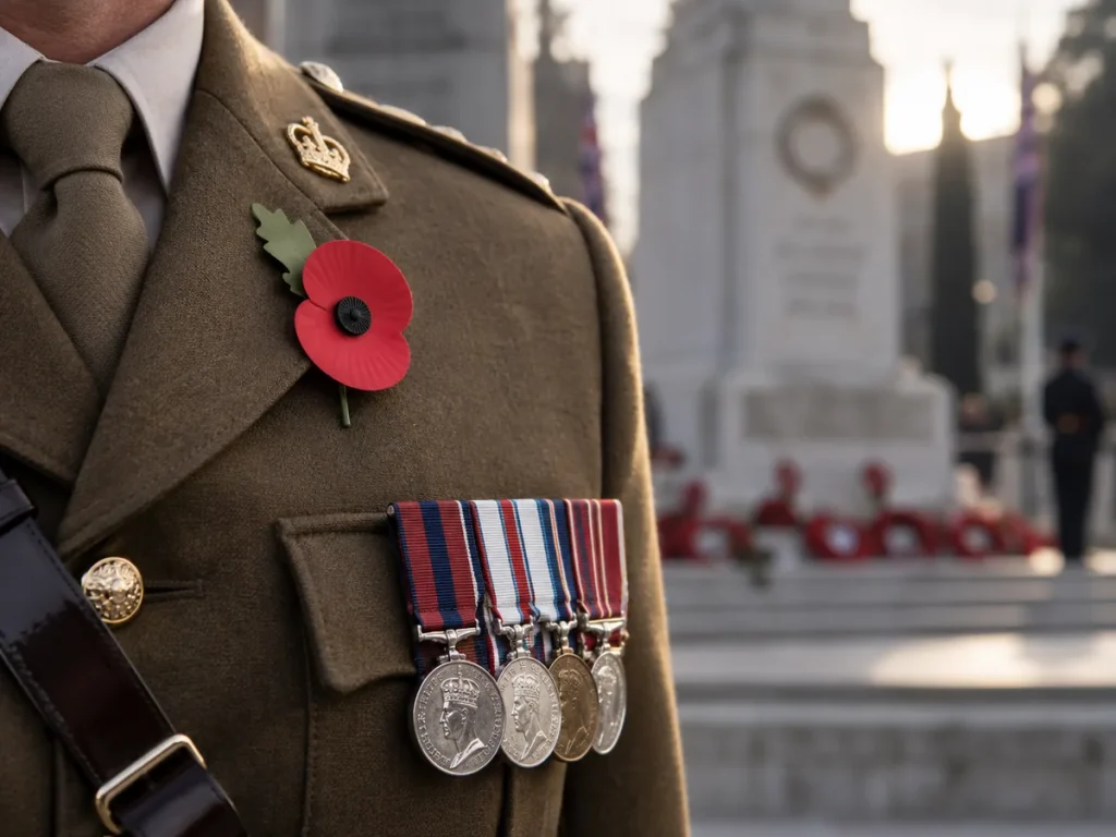 Red remembrance poppy pin and a row of service medals on a soldier's khaki uniform, with a cenotaph and wreaths in the background