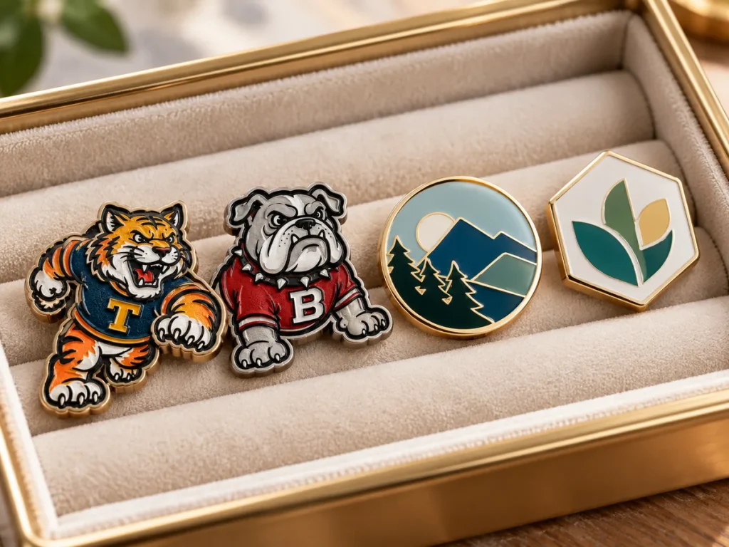Four enamel pins in a gold-trimmed jewelry tray: a tiger mascot, a bulldog mascot, a round mountain landscape and a hexagonal leaf design