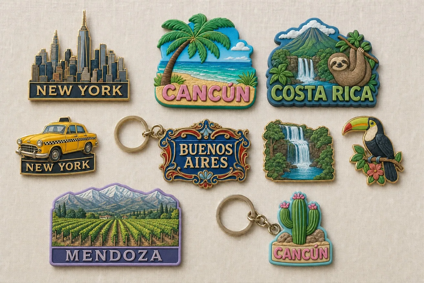 Flat-lay of custom souvenir pins, keychains and soft PVC magnets for New York, Cancún, Costa Rica, Buenos Aires and Mendoza on a linen surface.